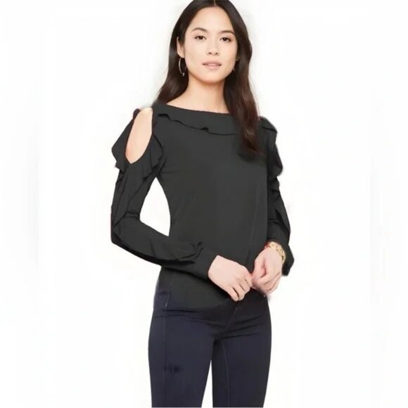 ANN TAYLOR Black Cold Shoulder Boatneck Ruffle Long-Sleeve Blouse Medium - Picture 1 of 7